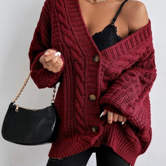 Burgundy Womens button down Cable Knit Cardigan - Picture 4 of 4
